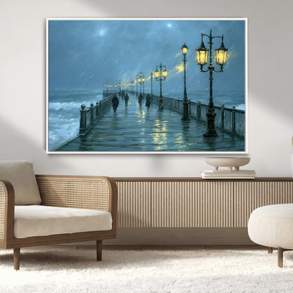 79606-MGV-CV-36X24-Rainy Pier Night Wall Art – Ocean Waves and Street Lamps Canvas Print, Moody Seascape Oil Painting Poster for Living Room,