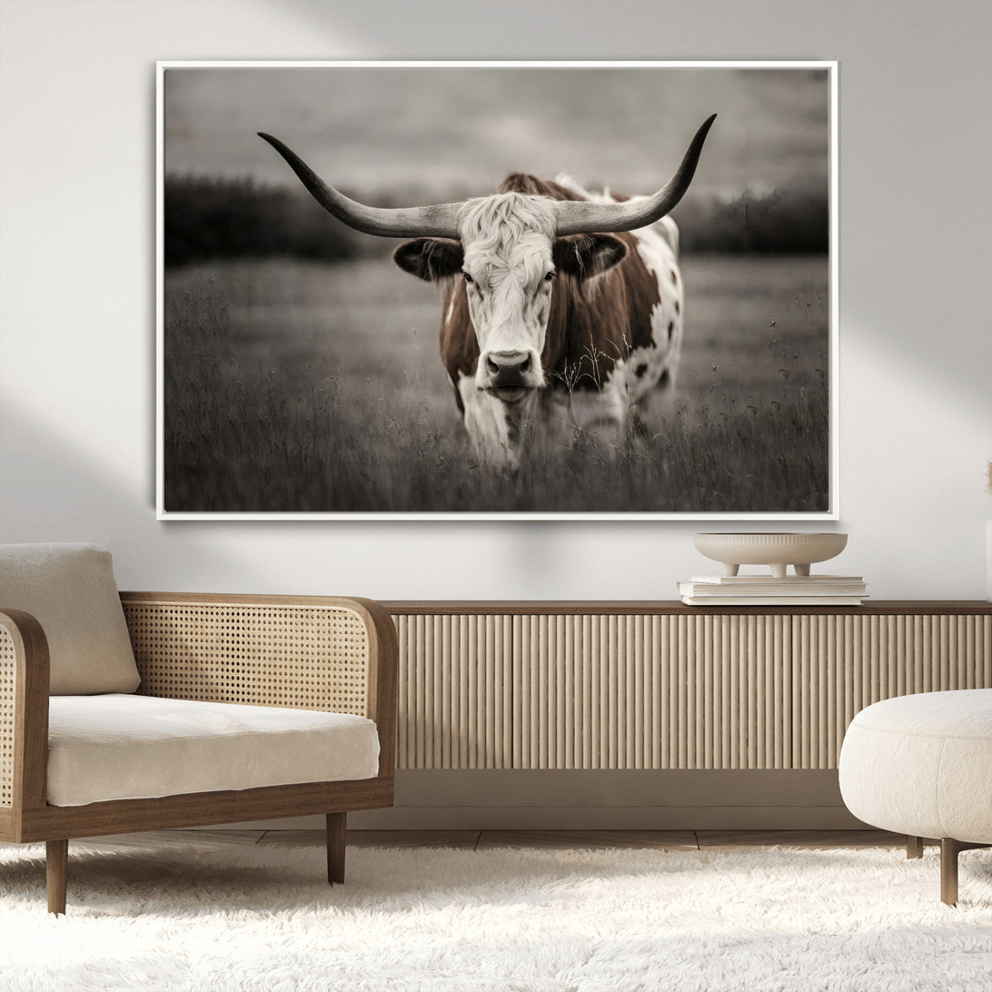 69238-MGV-CV-36X24-Longhorn Bull Wall Art – Rustic Black and White Texas Cattle Canvas Print, Western Farmhouse Animal Photography for Living Room,