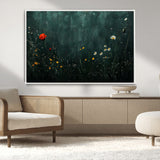 26218-MGV-FC-36X24_White-Wildflower Wall Art – Dark Botanical Floral Canvas Print, Modern Nature Painting Poster with Daisy Poppy Yellow Flowers for Living