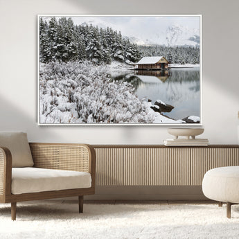 29975-MGV-CV-36X24-Winter Cabin by the Lake Wall Art – Snowy Mountain Landscape Canvas Print, Rustic Lodge Cabin Decor for Cozy Living Room, Bedroom