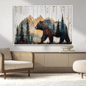90077-MGV-CV-36X24-Wood Grizzly Bear Wall Art Canvas Print, Framed Abstract Bear Art Picture Print, Bear in Forest Perfect Rustic Lodge Decor Artwork