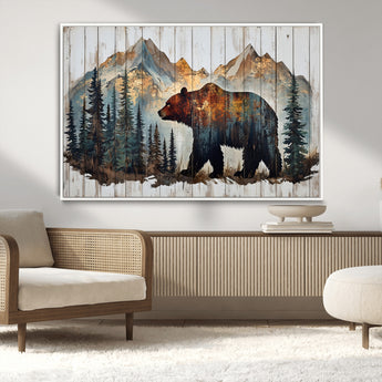 55777-MGV-CV-36X24-Rustic Bear Wall Art Canvas Print, Framed Mountain and Forest Art Picture Print, Wooden Bear Perfect Rustic Lodge Decor Artwork