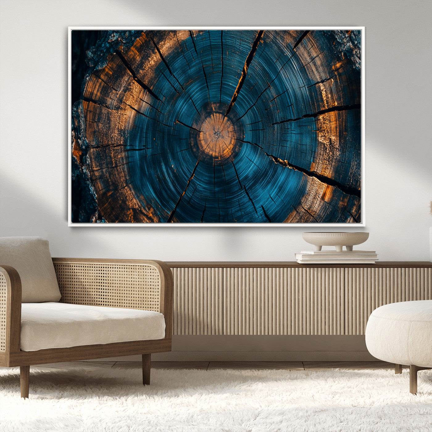 65231-MGV-CV-36X24-Blue and Gold Tree Ring Wall Art – Rustic Abstract Wood Slice Canvas Print, Modern Nature Inspired Artwork for Living Room,