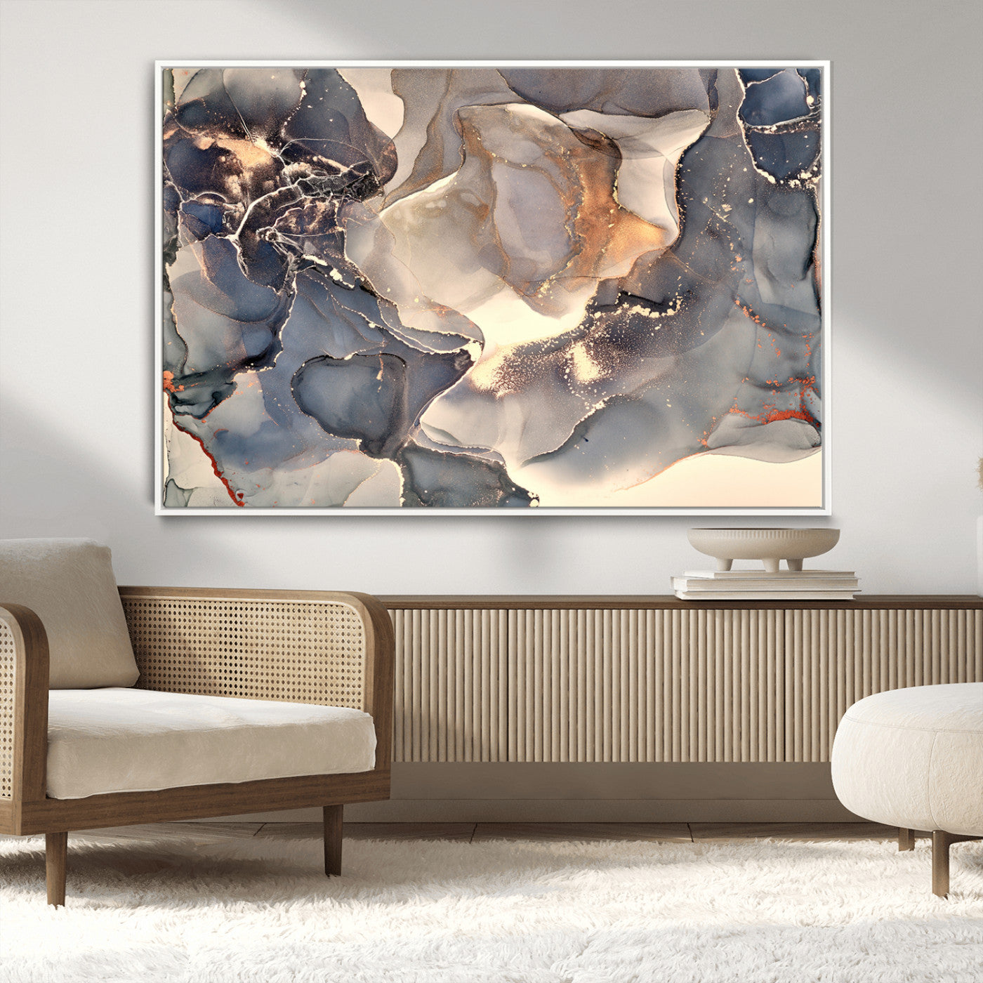 18202-MGV-CV-36X24-Abstract Neutral Wall Art – Blue, Beige and Gold Fluid Ink Canvas Print, Modern Minimalist Painting for Living Room, Office