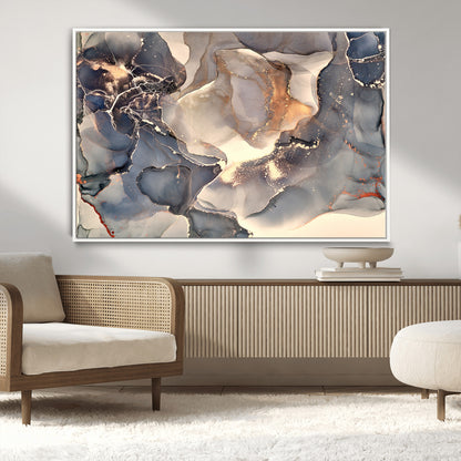 18202-MGV-CV-36X24-Abstract Neutral Wall Art – Blue, Beige and Gold Fluid Ink Canvas Print, Modern Minimalist Painting for Living Room, Office