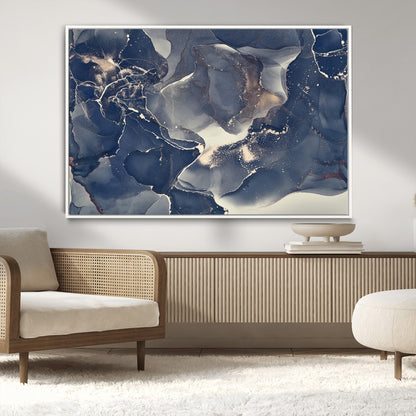 28282-MGV-FC-36X24_White-Blue Abstract Wall Art – Modern Ink Swirl Canvas Print, Contemporary Navy and Gold Painting for Living Room, Bedroom, Office or