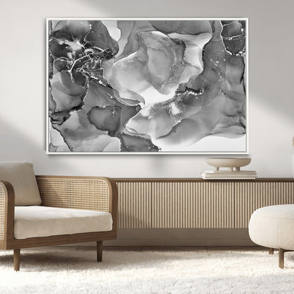 15911-MGV-CV-36X24-Black and White Abstract Wall Art – Modern Ink Swirl Canvas Print, Minimalist Contemporary Painting for Living Room, Bedroom,