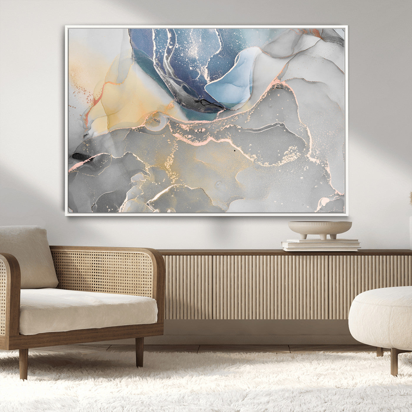 18176-MGV-CV-36X24-Abstract Fluid Wall Art – Modern Marble Ink Canvas Print with Blue, Gold, and Gray Tones, Contemporary Minimal Artwork Decor for