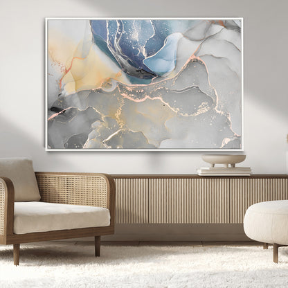 18176-MGV-CV-36X24-Abstract Fluid Wall Art – Modern Marble Ink Canvas Print with Blue, Gold, and Gray Tones, Contemporary Minimal Artwork Decor for