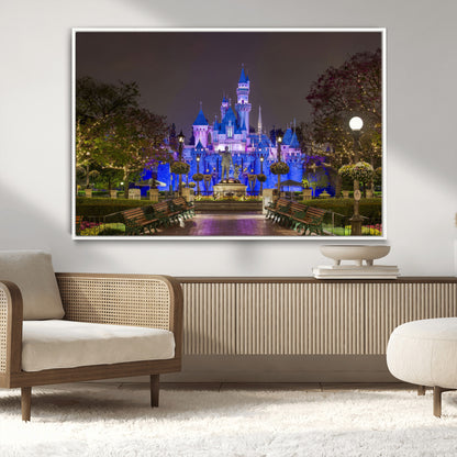 63560-MGV-CV-36X24-Fairy Tale Castle Wall Art – Magical Night Scene Canvas Print with Lights and Gardens, Fantasy Architecture Artwork for Living
