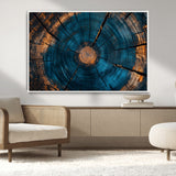 13398-MGV-CV-36X24-Tree Ring Wall Art – Abstract Wood Grain Canvas Print with Blue and Orange Accents, Rustic Nature Inspired Artwork for Living