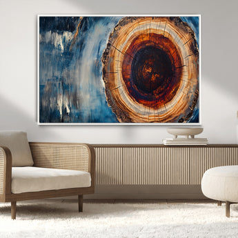 48045-MGV-CV-36X24-Tree Ring Abstract Wall Art – Rustic Wood Grain Canvas Print with Brown Center and Blue Brush Strokes, Nature Inspired Artwork for