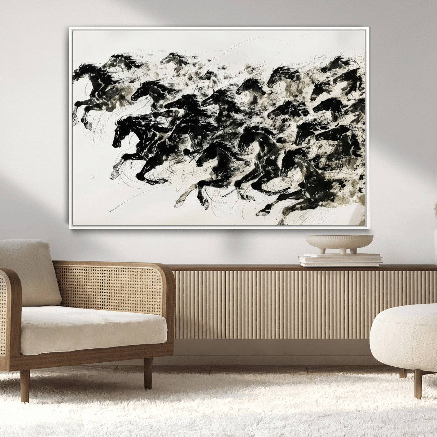 23069-MGV-CV-36X24-Galloping Horses Wall Art – Black Ink Painting on Canvas, Dynamic Equestrian Artwork with Running Stallions, Expressive Modern
