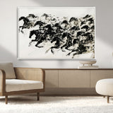 23069-MGV-CV-36X24-Galloping Horses Wall Art – Black Ink Painting on Canvas, Dynamic Equestrian Artwork with Running Stallions, Expressive Modern