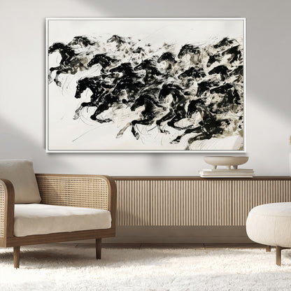 23069-MGV-CV-36X24-Galloping Horses Wall Art – Black Ink Painting on Canvas, Dynamic Equestrian Artwork with Running Stallions, Expressive Modern