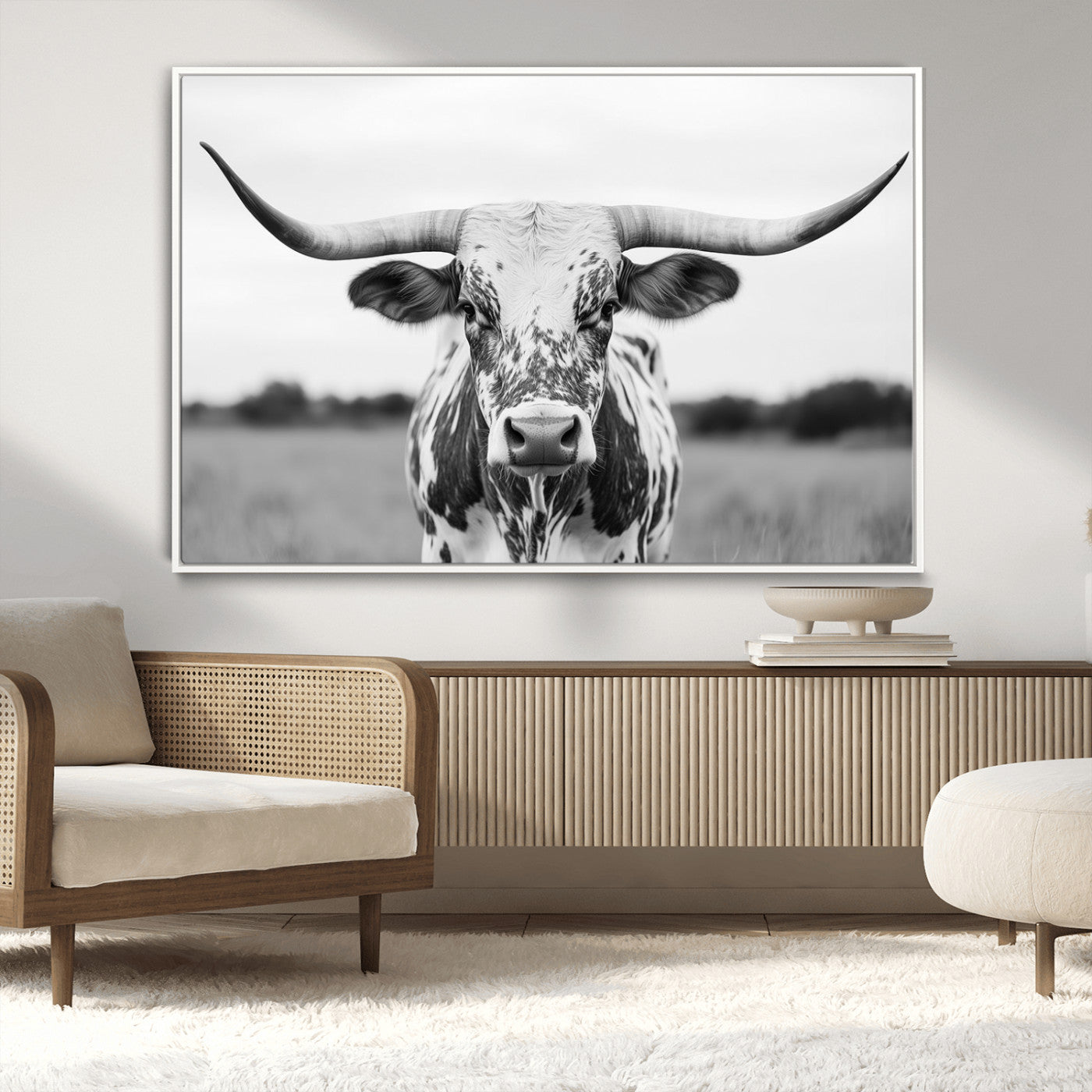 20272-MGV-CV-36X24-Highland Cow Wall Art – Black and White Western Longhorn Canvas Print, Farmhouse Living Room Decor Southwestern Animal Artwork for