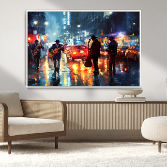 94605-MGV-CV-36X24-City Jazz Night Wall Art – Vibrant Music Canvas Print Featuring Saxophone, Guitar and Bass Players, Urban Street Scene Artwork for