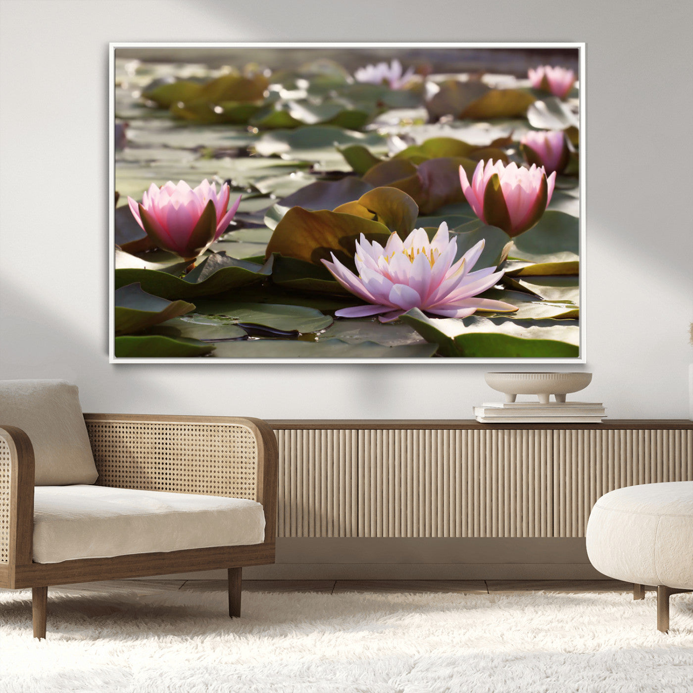 72218-MGV-CV-36X24-Water Lily Pond Wall Art – Pink Lotus Flowers Canvas Print with Green Lily Pads, Peaceful Botanical Artwork for Living Room,