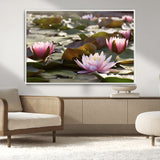 72218-MGV-CV-36X24-Water Lily Pond Wall Art – Pink Lotus Flowers Canvas Print with Green Lily Pads, Peaceful Botanical Artwork for Living Room,