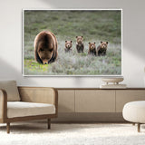 65087B-MGV-CV-36X24-Bear Family Wall Art – Wildlife Canvas Print Featuring Mother Bear with Cubs in Nature, Rustic Animal Artwork for Living Room,