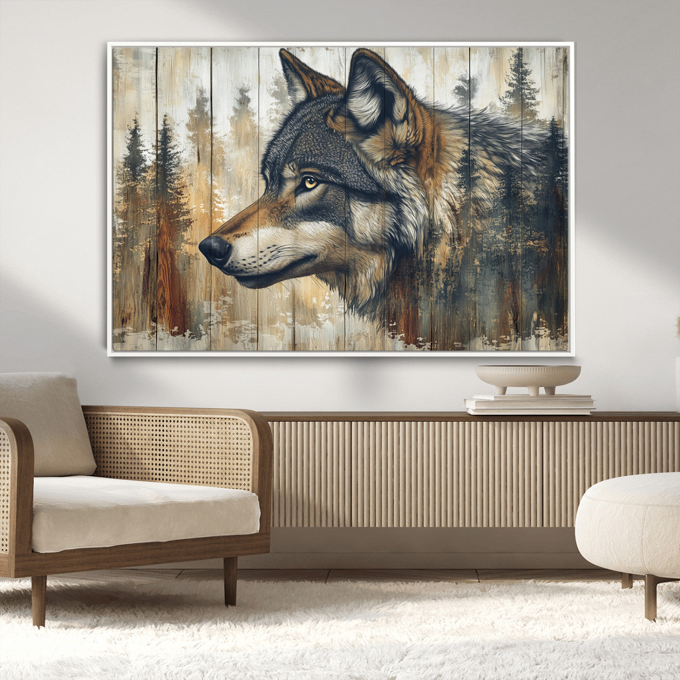 91882-MGV-CV-36X24-Wolf Wall Art – Rustic Canvas Print of Forest Wolf on Wood Background, Wildlife Lodge Artwork for Living Room, Bedroom, Cabin, or