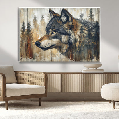 91882-MGV-CV-36X24-Wolf Wall Art – Rustic Canvas Print of Forest Wolf on Wood Background, Wildlife Lodge Artwork for Living Room, Bedroom, Cabin, or