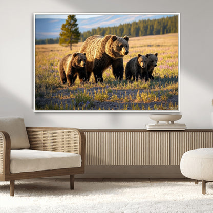43400-MGV-CV-36X24-Bear Family Wall Art – Wildlife Canvas Print of Mother Bear with Cubs in Sunlit Meadow, Rustic Animal Artwork for Living Room,