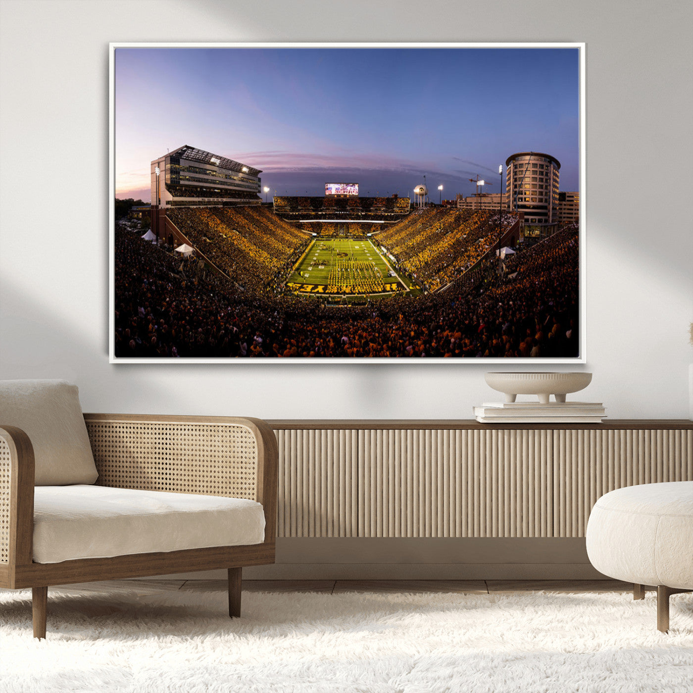 82557-MGV-CV-36X24-College Football Stadium Wall Art – Panoramic Sunset Canvas Print with Marching Band and Game Day Crowd, Sports Artwork for Man
