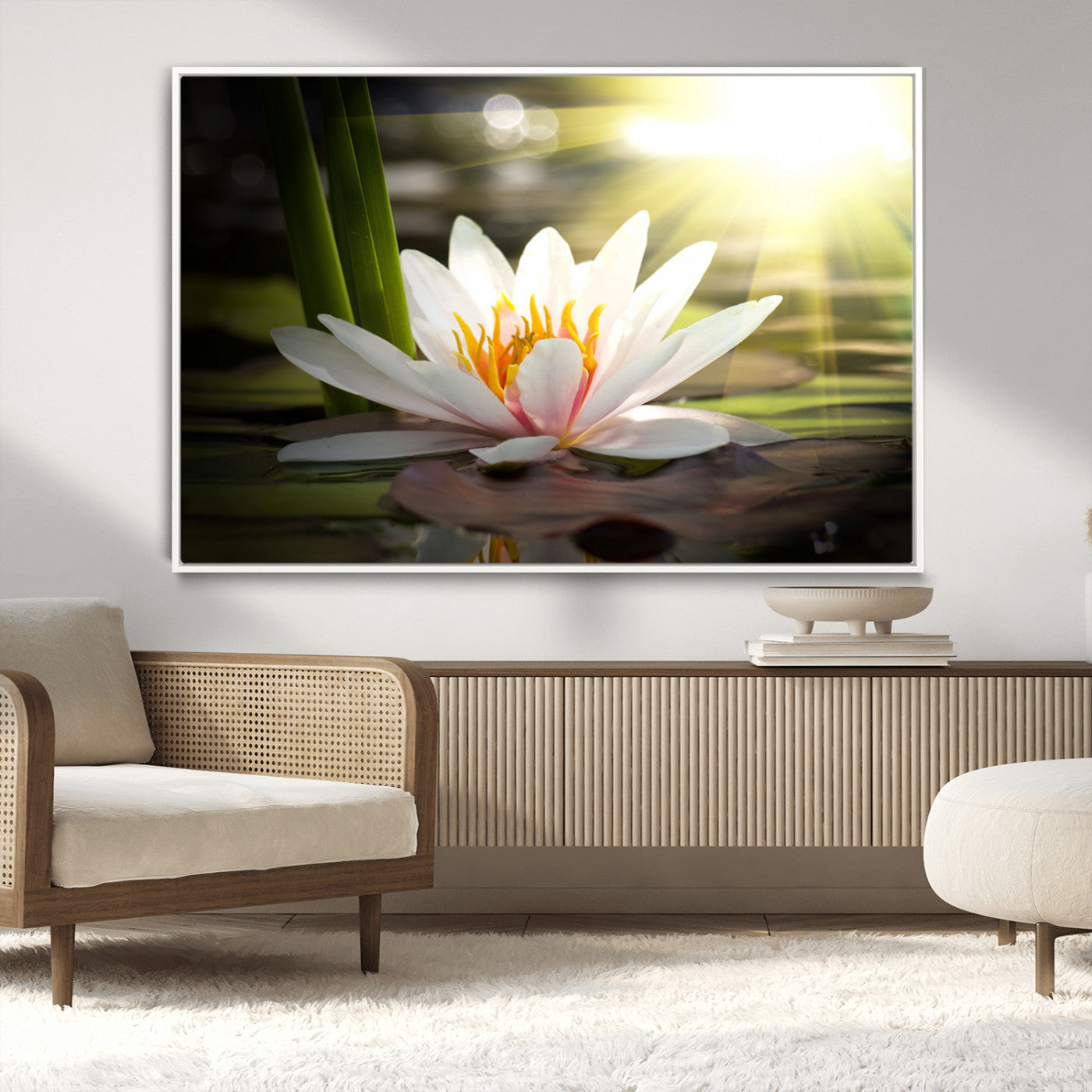 60352-MGV-CV-36X24-White Water Lily Wall Art – Lotus Flower Canvas Print with Sunlight Reflection, Peaceful Botanical Artwork for Living Room,