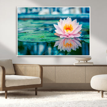 30320-MGV-CV-36X24-Pink Water Lily Wall Art – Lotus Flower Canvas Print with Reflection Water, Peaceful Botanical Artwork for Living Room, Bedroom,