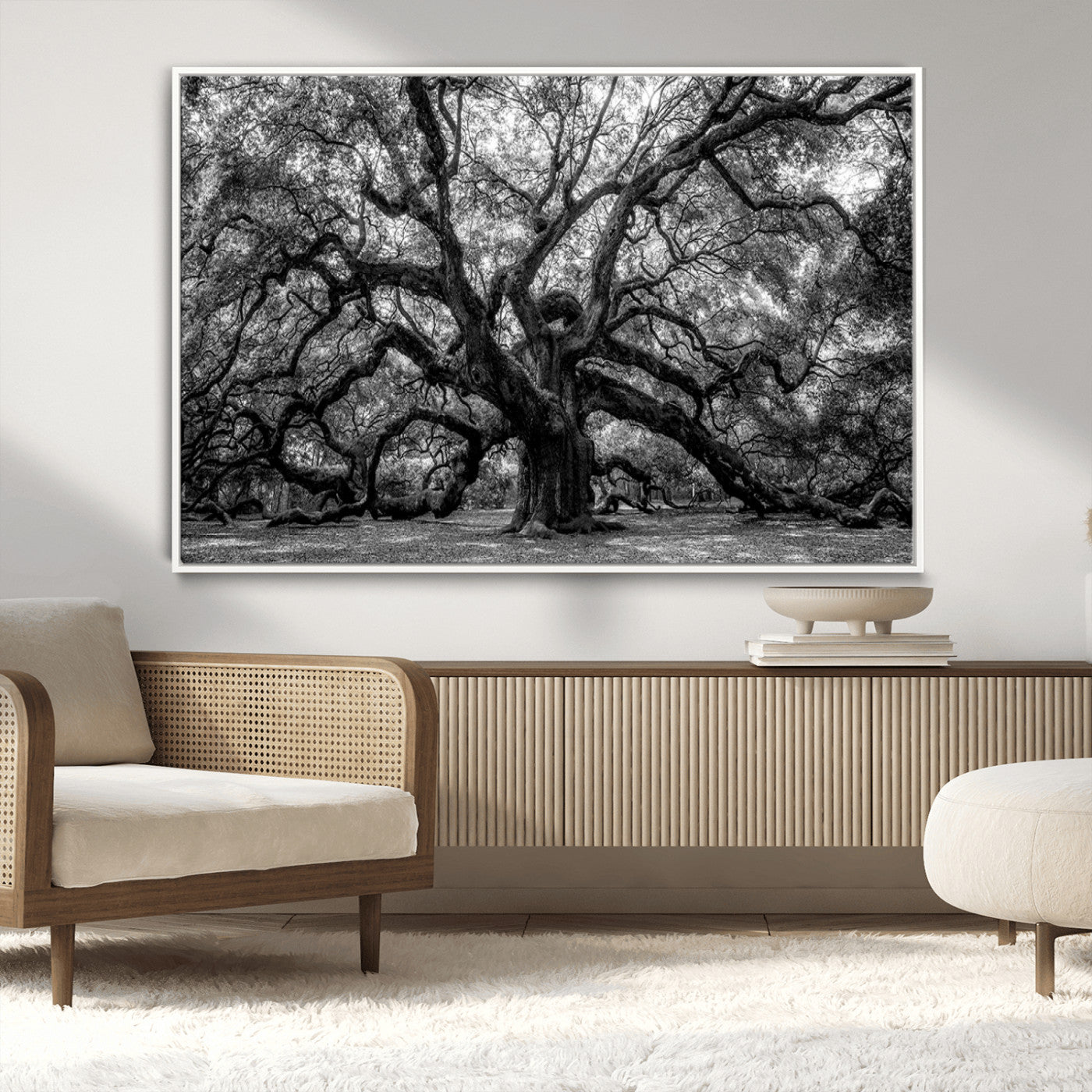 132944706-MGV-CV-36X24-Ancient Tree Wall Art – Black and White Photography Canvas Print Featuring Majestic Twisting Branches, Rustic Nature Artwork for