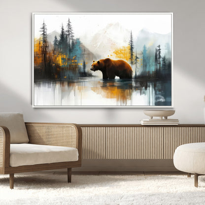 50308-MGV-CV-36X24-Abstract Rustic Bear Wall Art – Forest and Mountain Scene Canvas Print, Nature Artwork for Modern Farmhouse or Log Cabin Decor