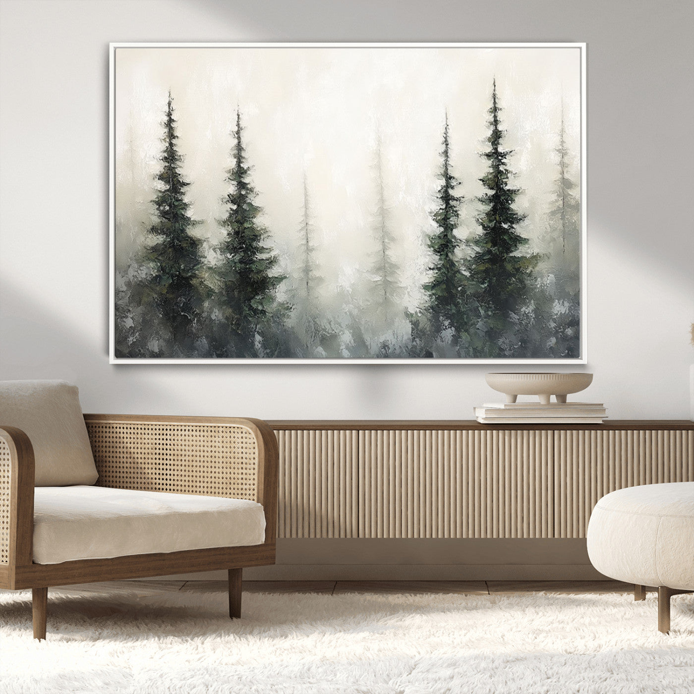 33241-MGV-CV-36X24-Misty Forest Wall Art Canvas Print, Framed Foggy Pines Art Picture Print, Forest Haze Perfect Rustic Minimalist Decor Artwork