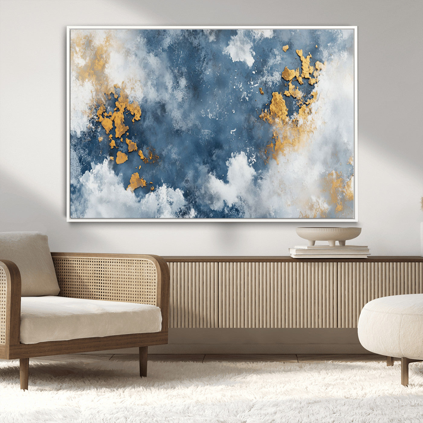 39575-MGV-CV-36X24-Blue and Gold Abstract Wall Art – Modern Canvas Print Featuring Cloudy Textures with Metallic Accents, Contemporary Artwork for