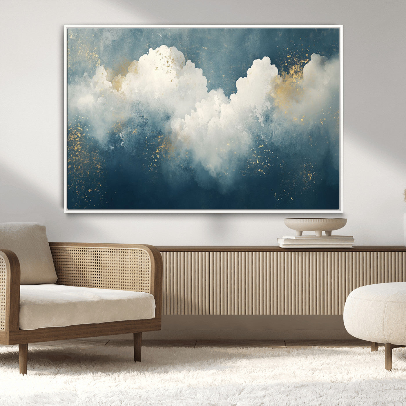 75131-MGV-CV-36X24-Abstract Cloud Wall Art – Modern Canvas Print Featuring Blue and White Clouds with Golden Accents, Contemporary Artwork for Living