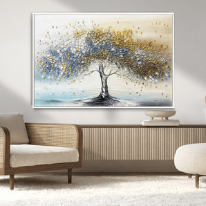 24771-MGV-CV-36X24-Silver Tree Wall Art Canvas Print, Framed Golden Leaves Art Picture Print, Metallic Tree Perfect Minimalist Luxury Decor Artwork