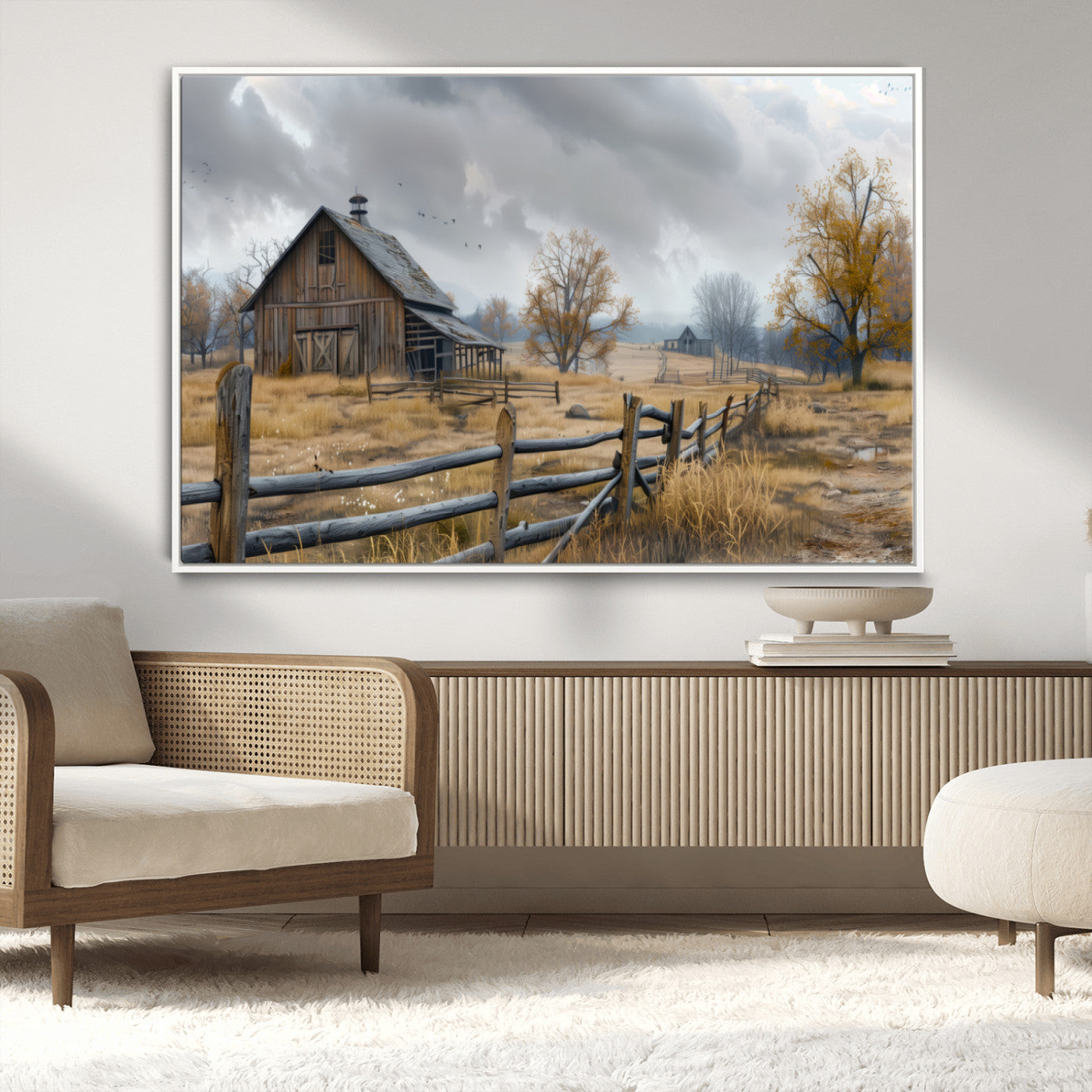 Farm1-MGV-CV-36X24-Rustic Autumn Farmhouse Wall Art – Serene Countryside Scene Canvas Print, Weathered Barn and Autumn Trees Decor for Living Room,