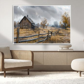 Farm1-MGV-CV-36X24-Rustic Autumn Farmhouse Wall Art – Serene Countryside Scene Canvas Print, Weathered Barn and Autumn Trees Decor for Living Room,