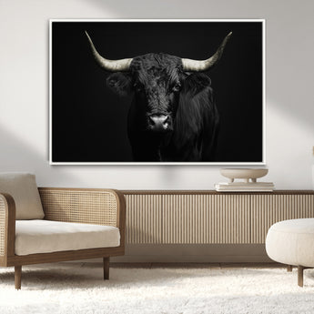 97914921-MGV-CV-36X24-Black Bull Wall Art Canvas Print, Framed Longhorn Bull Art Picture Print, Western Bull Perfect Monochrome Western Decor Artwork