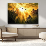 13776802-MGV-CV-36X24-Golden Forest Wall Art Canvas Print, Framed Sunset Pines Art Picture Print, Flying Birds Perfect Nature Glow Decor Artwork