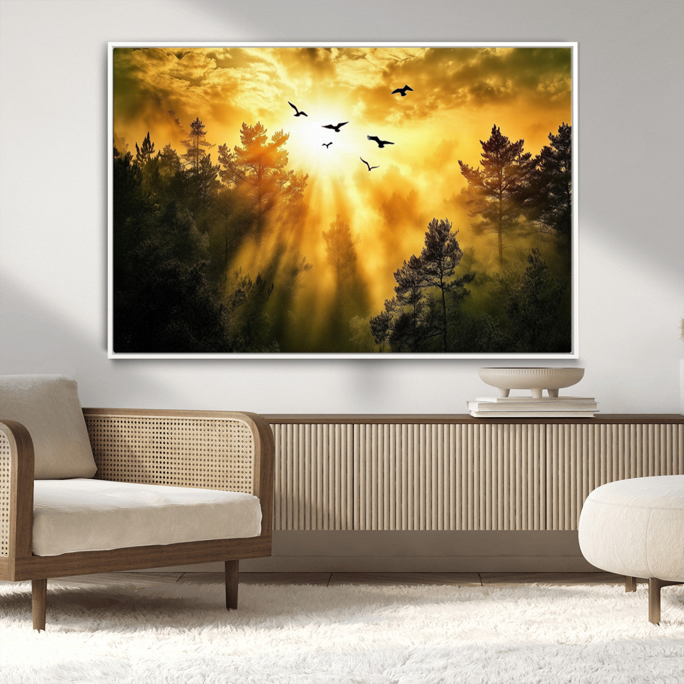13776802-MGV-CV-36X24-Golden Forest Wall Art Canvas Print, Framed Sunset Pines Art Picture Print, Flying Birds Perfect Nature Glow Decor Artwork