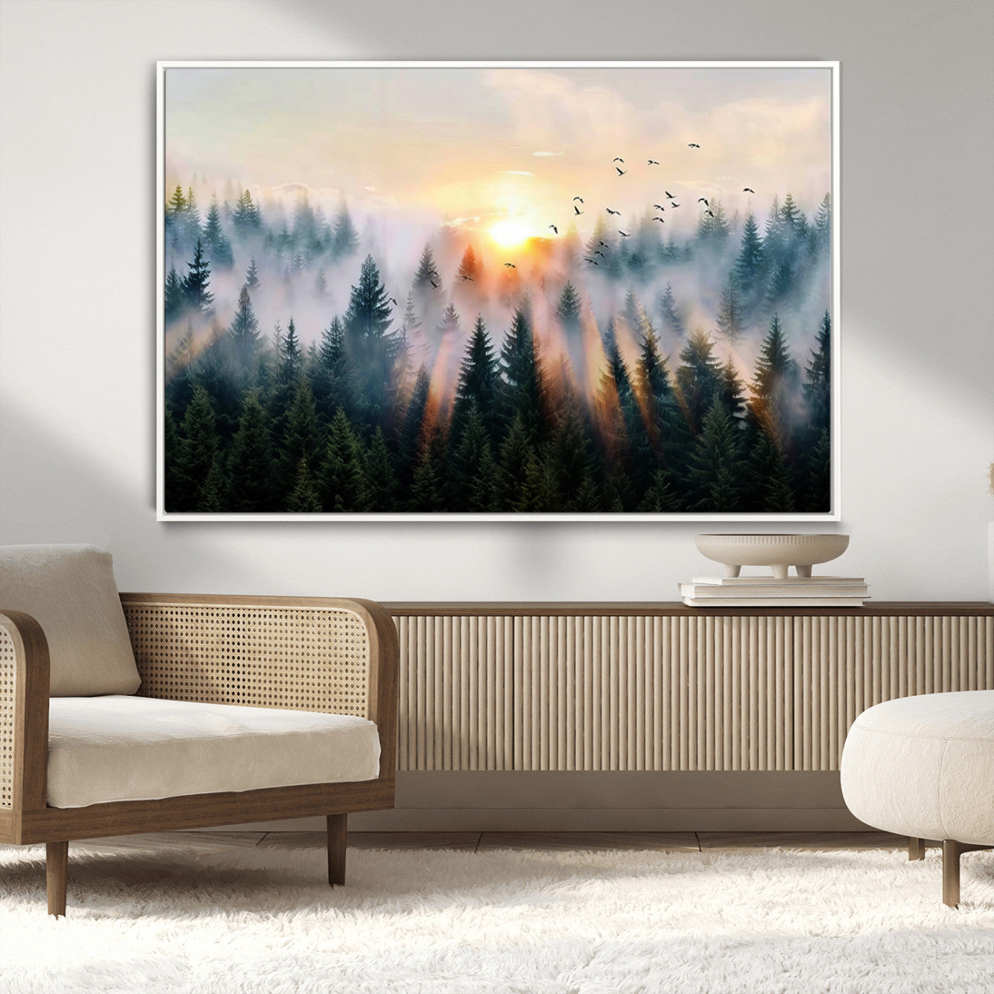 56391411-MGV-CV-36X24-Misty Forest Wall Art Canvas Print, Framed Sunrise Pines Art Picture Print, Moody Pines Perfect Serene Woodland Decor Artwork