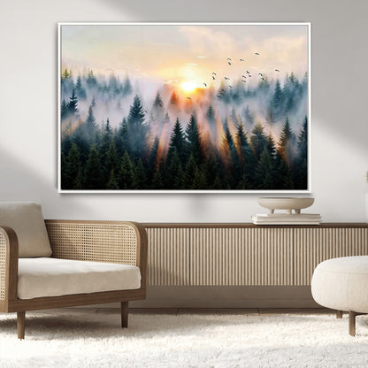 56391411-MGV-CV-36X24-Misty Forest Wall Art Canvas Print, Framed Sunrise Pines Art Picture Print, Moody Pines Perfect Serene Woodland Decor Artwork