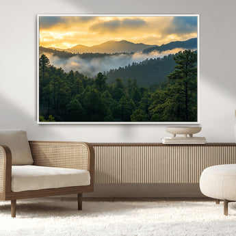 68082278-MGV-CV-36X24-Mountain Sunrise Wall Art Canvas Print, Framed Pine Forest Art Picture Print, Misty Mountains Perfect Earthy Woodland Decor