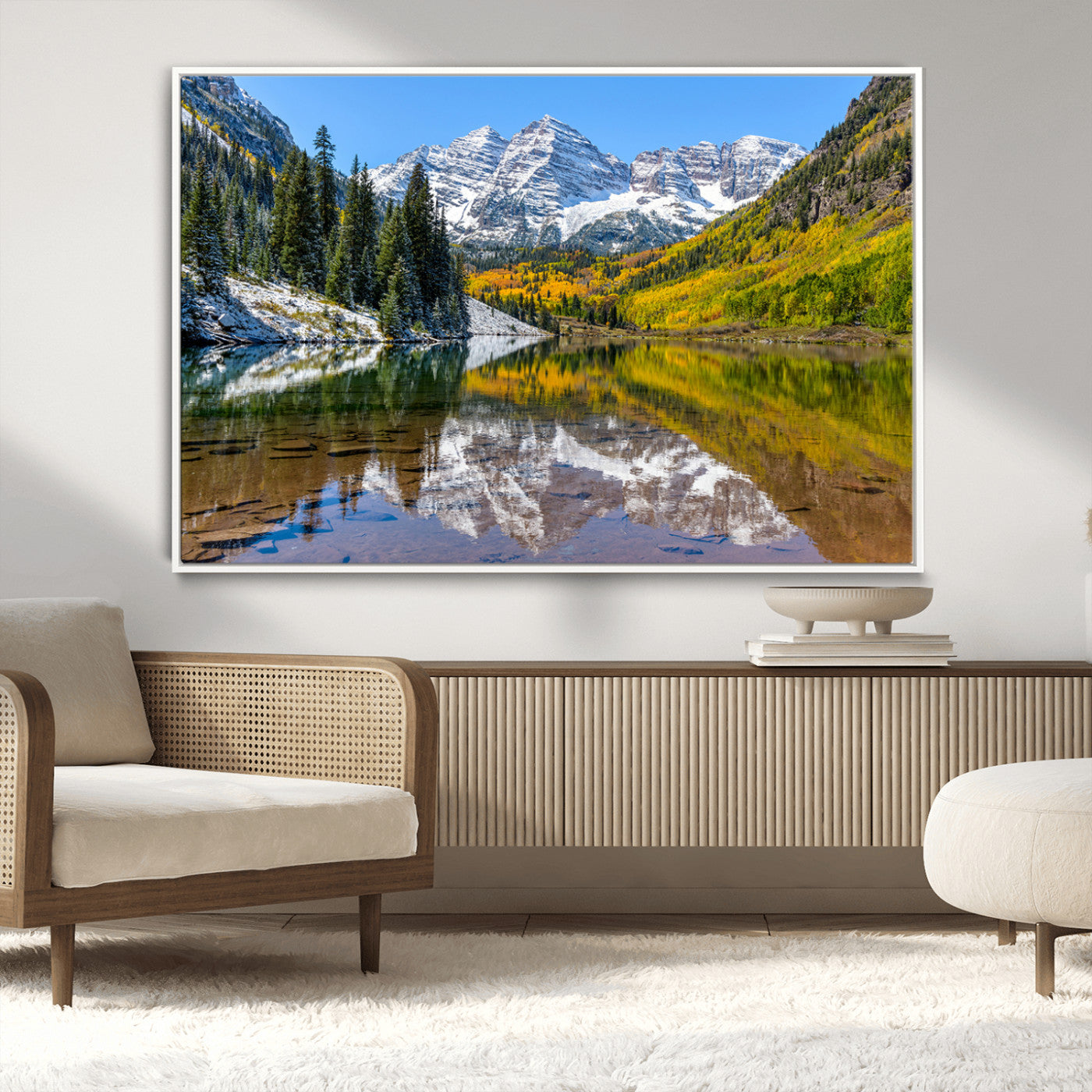87724099-MGV-CV-36X24-Maroon Bells Wall Art Canvas Print, Framed Snowy Mountains Art Picture Print, Pine Forest Perfect Vibrant Alpine Decor Artwork