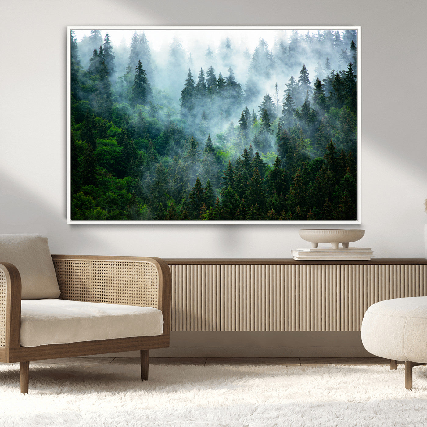 17393683-MGV-CV-36X24-Misty Forest Art Wall Art Canvas Print, Framed Foggy Mountain Art Art Picture Print, Scenic Wall Print Perfect Decor Artwork