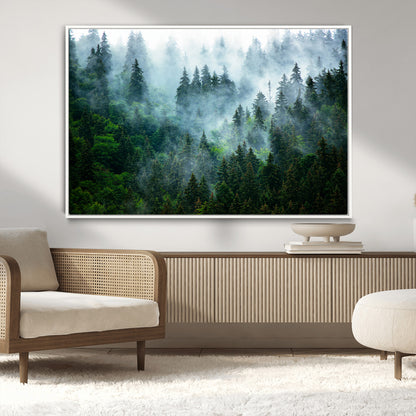 17393683-MGV-CV-36X24-Misty Forest Art Wall Art Canvas Print, Framed Foggy Mountain Art Art Picture Print, Scenic Wall Print Perfect Decor Artwork