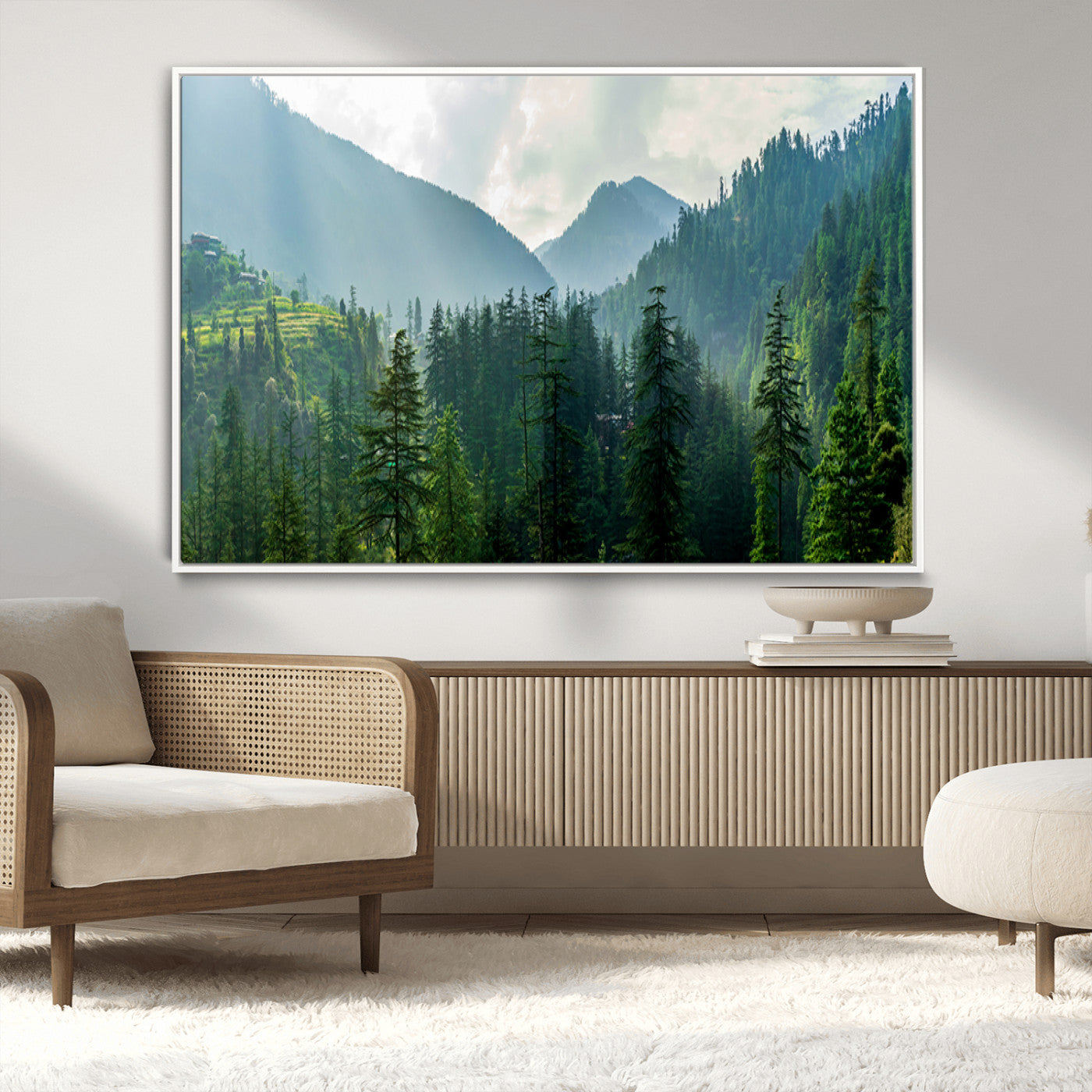 83417191-MGV-CV-36X24-Misty Mountain Forest Wall Art – Pine Tree Landscape Canvas Print, Nature Photography Panorama, Tranquil Green Forest Décor for