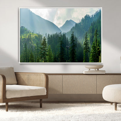 83417191-MGV-CV-36X24-Misty Mountain Forest Wall Art – Pine Tree Landscape Canvas Print, Nature Photography Panorama, Tranquil Green Forest Décor for