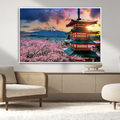 32331262-MGV-CV-36X24-Mount Fuji Japan Wall Art – Cherry Blossom Landscape Canvas Print, Chureito Pagoda Sunset Photography, Japanese Nature Travel